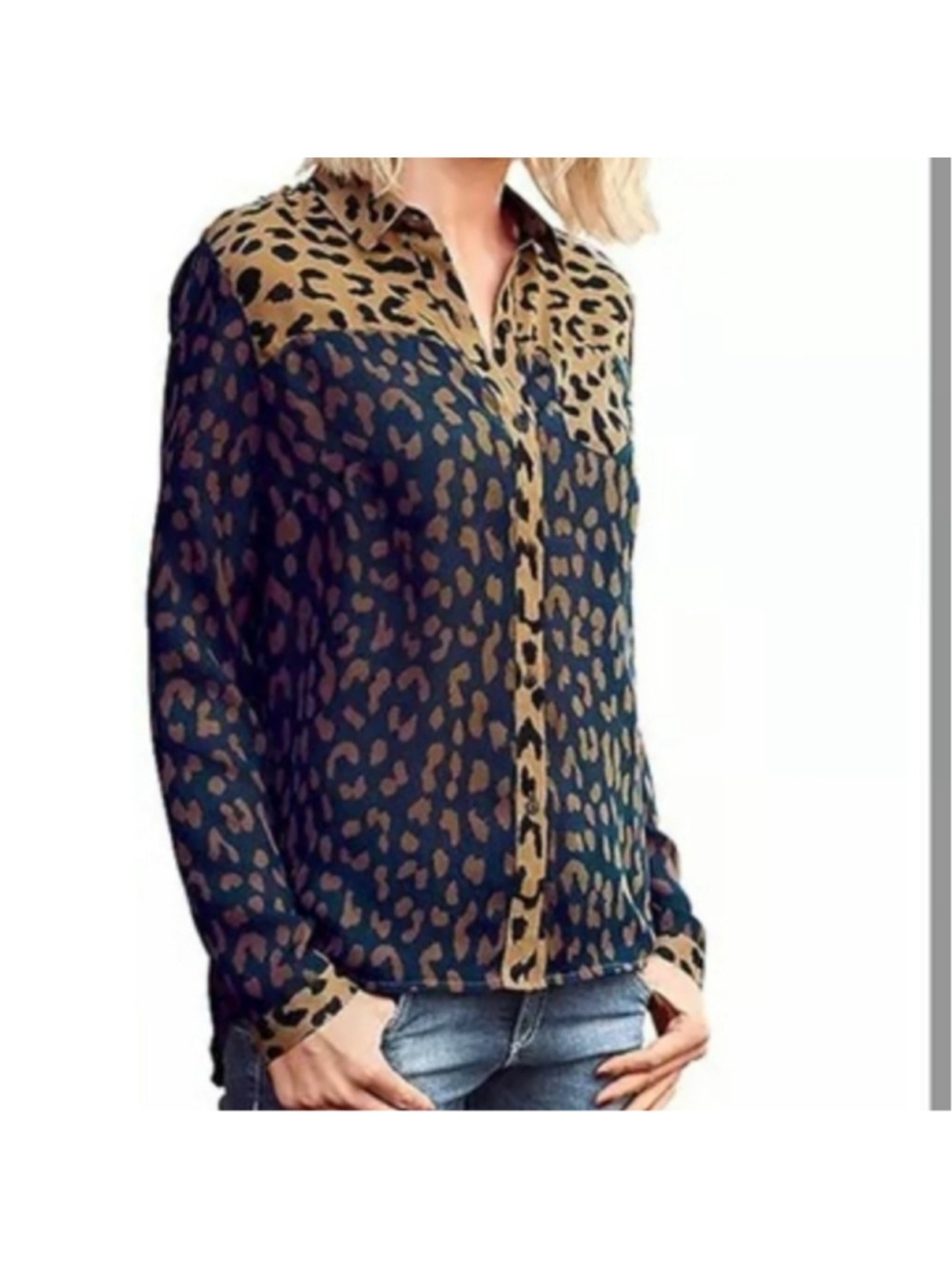 SALE 4/$30 Venus Leopard Print Button Down Blouse Navy Blue Tan Women's Size 4 - Picture 11 of 11